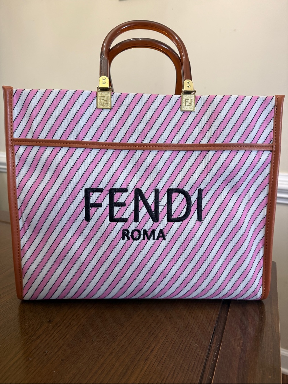 Fendi Pink Diagonal Stripe Roma Tote with Brown Trim